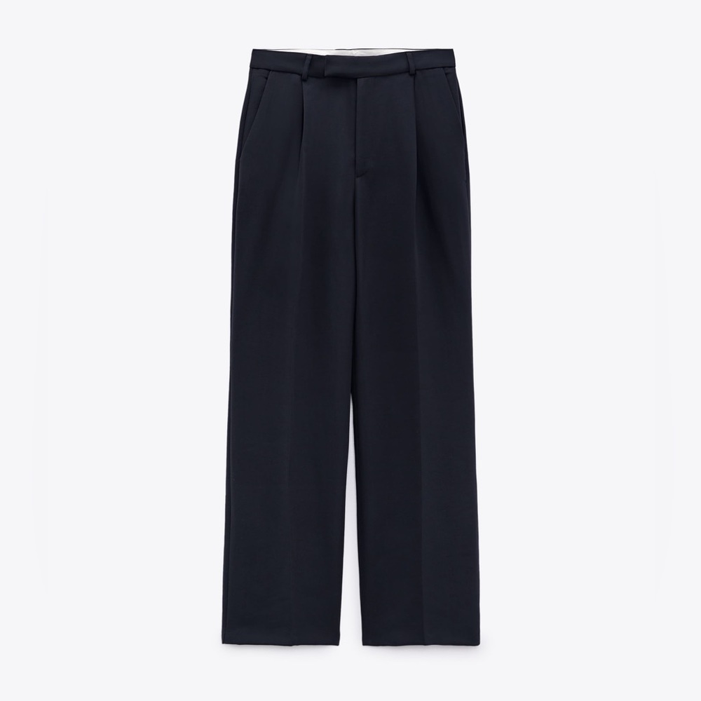 NWT Zara Navy Blue Pleated Straight Leg Pants, Size XS